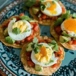Crispy tostadas topped with eggs avocado and fresh salsa