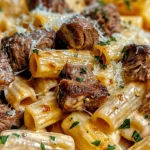 Cajun Steak Tips in Cheesy Rigatoni Parmesan Sauce