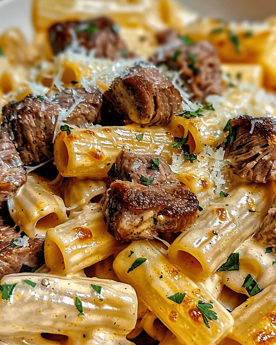 Cajun Steak Tips in Indulgent Cheesy Rigatoni Parmesan Sauce