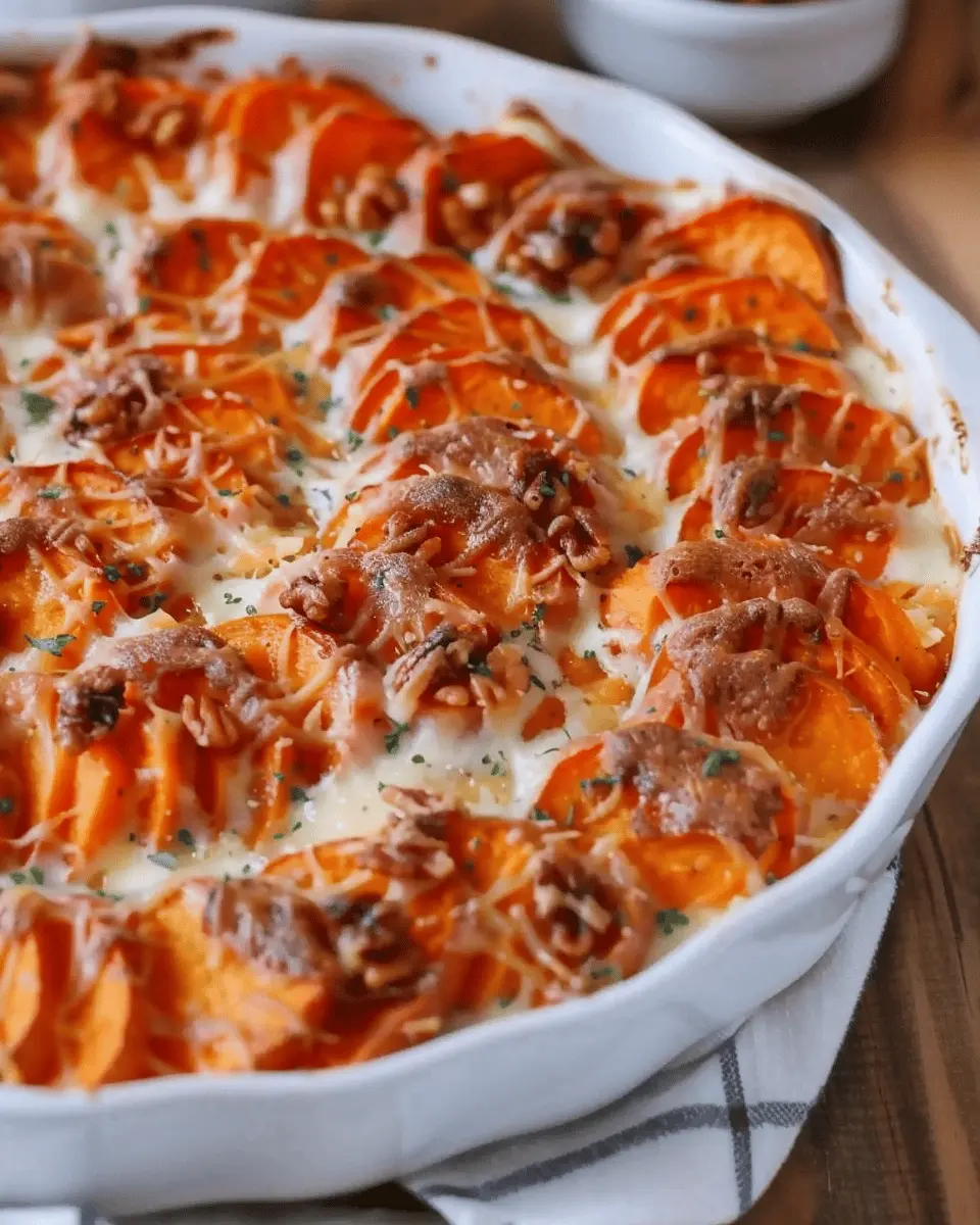 Best Scalloped Sweet Potatoes with Turkey Bacon and Chicken Ham