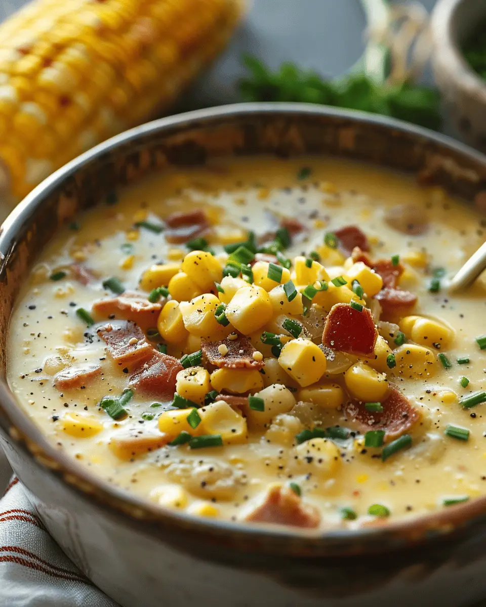The Best Corn Chowder with Turkey Bacon and Chicken Ham Comfort