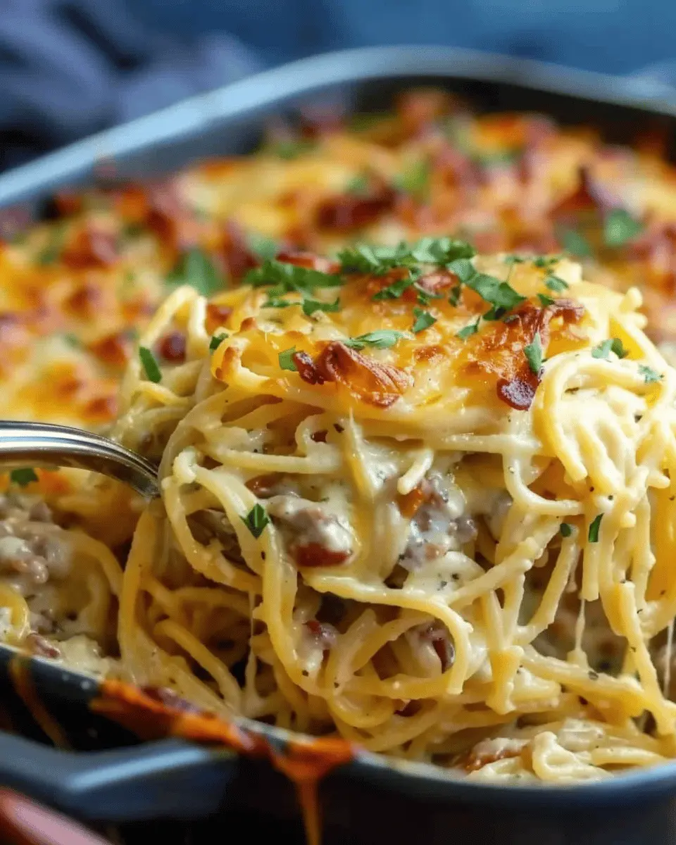 Creamy Southern Spaghetti Bake with Turkey Bacon and Chicken Ham