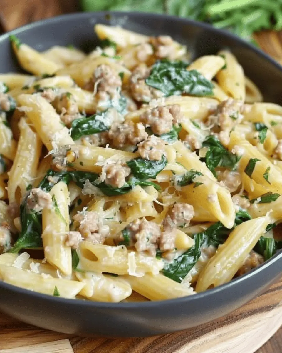 Easy Creamy Garlic Penne with Sausage & Spinach Delight