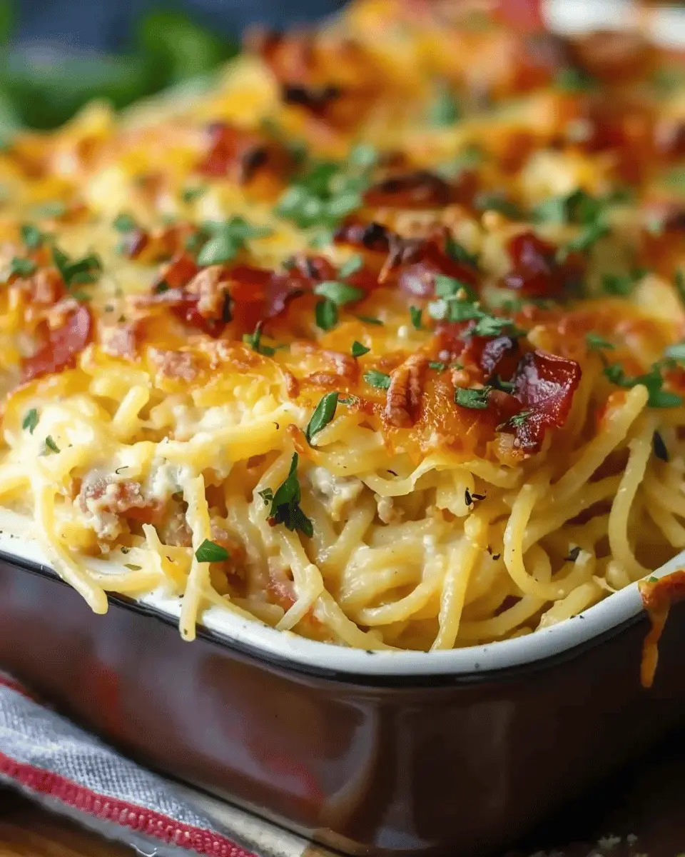 Creamy Southern Spaghetti Bake with Turkey Bacon and Chicken Ham
