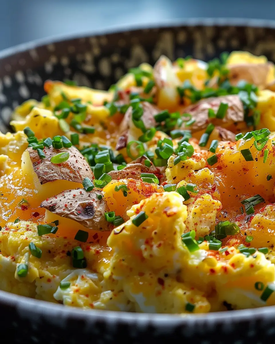 Cheesy Potato Egg Scramble with Turkey Bacon and Chicken Ham