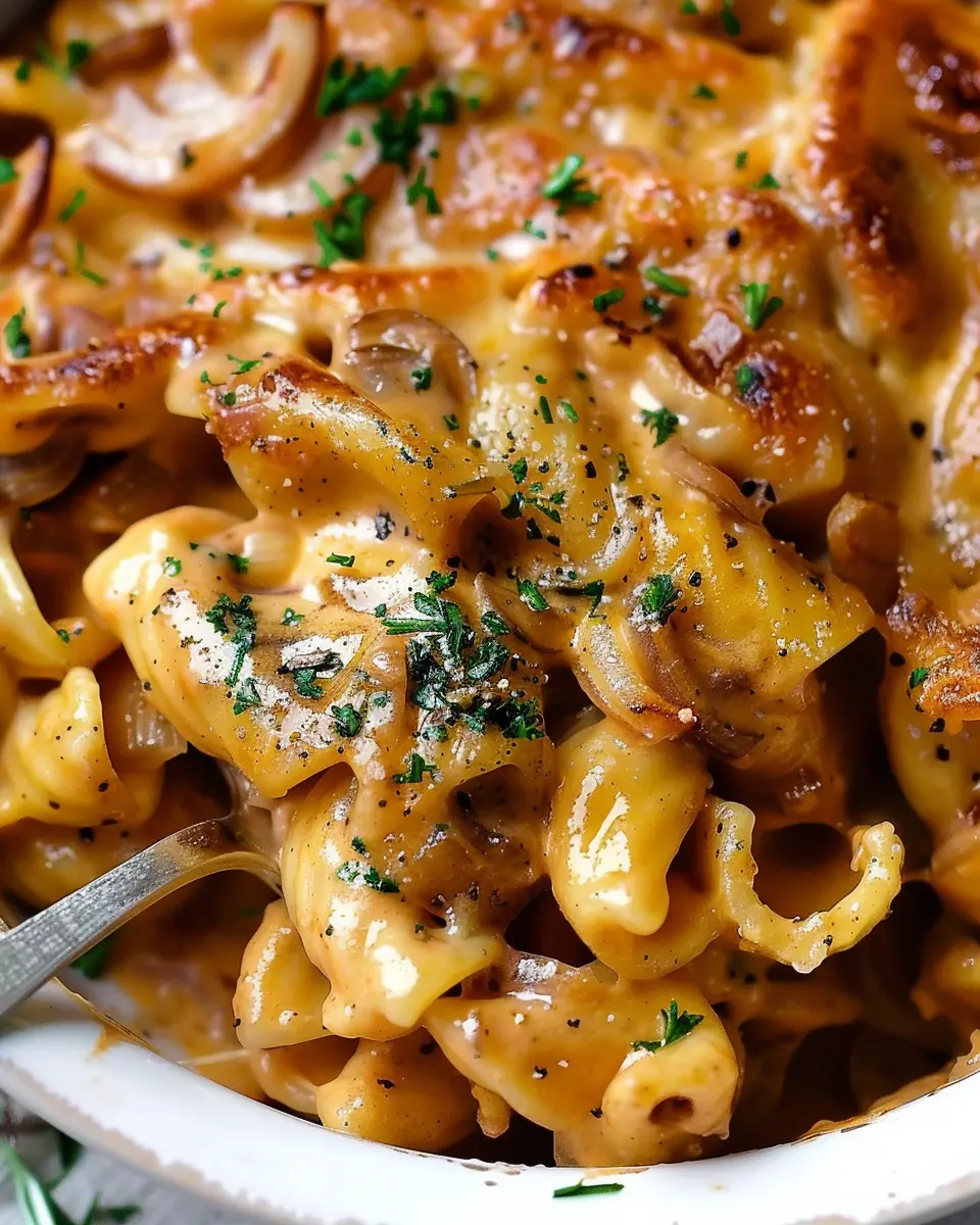 French Onion Pasta: Comforting and Indulgent with Turkey Bacon
