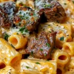 Cajun Steak Tips in Cheesy Rigatoni Parmesan Sauce