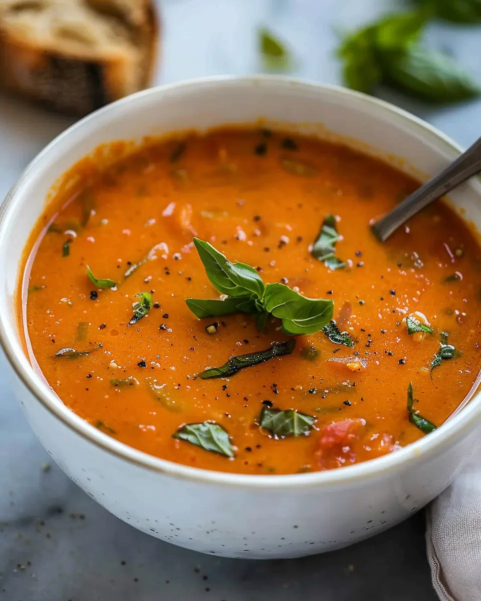 Creamy Tomato Basil Soup with Turkey Bacon – A Cozy Delight