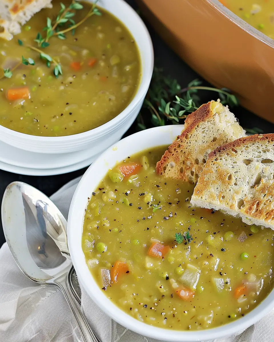 Comforting Classic Split Pea Soup with Turkey Bacon and Chicken Ham