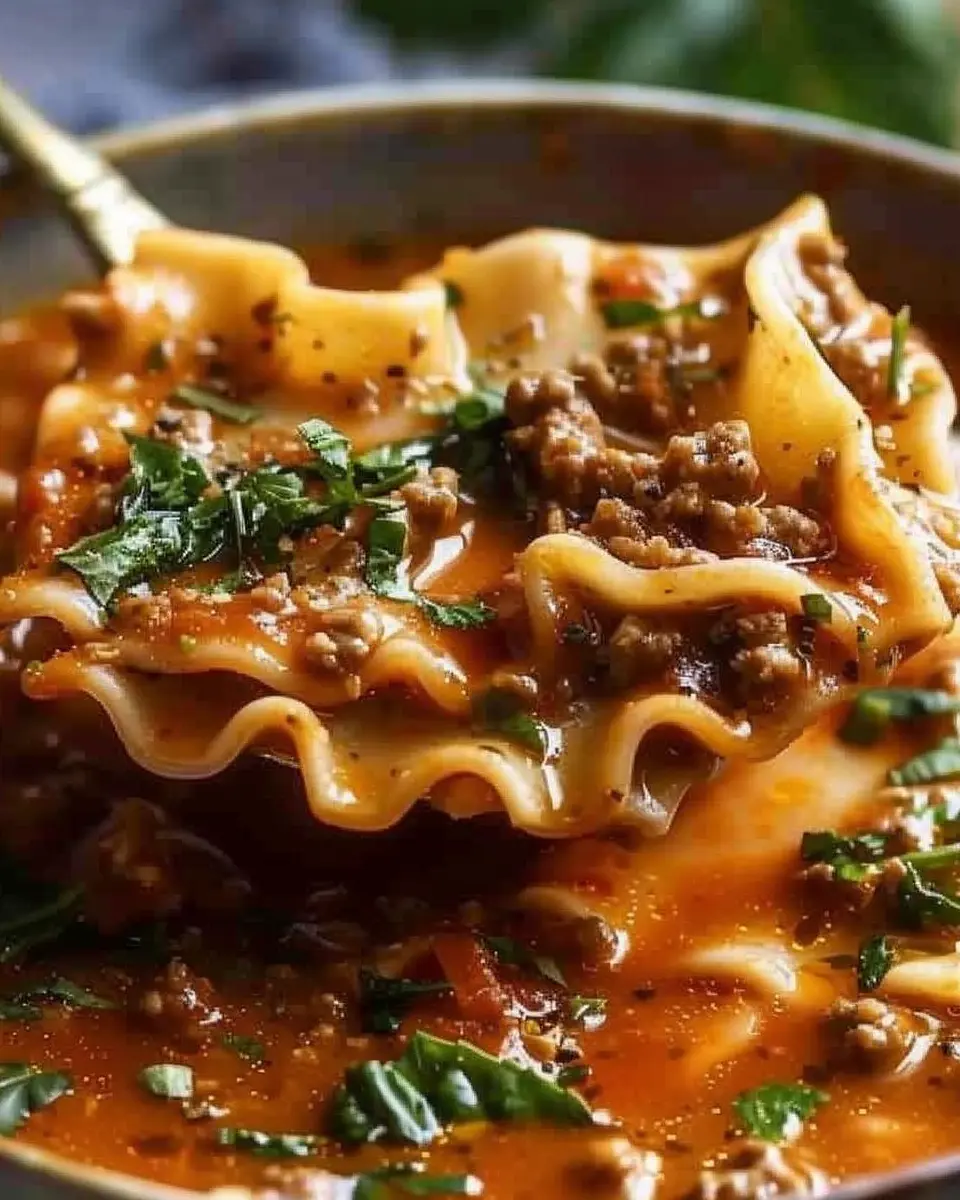 Mouthwatering One Pot Lasagna Soup with Turkey Bacon and Chicken Ham