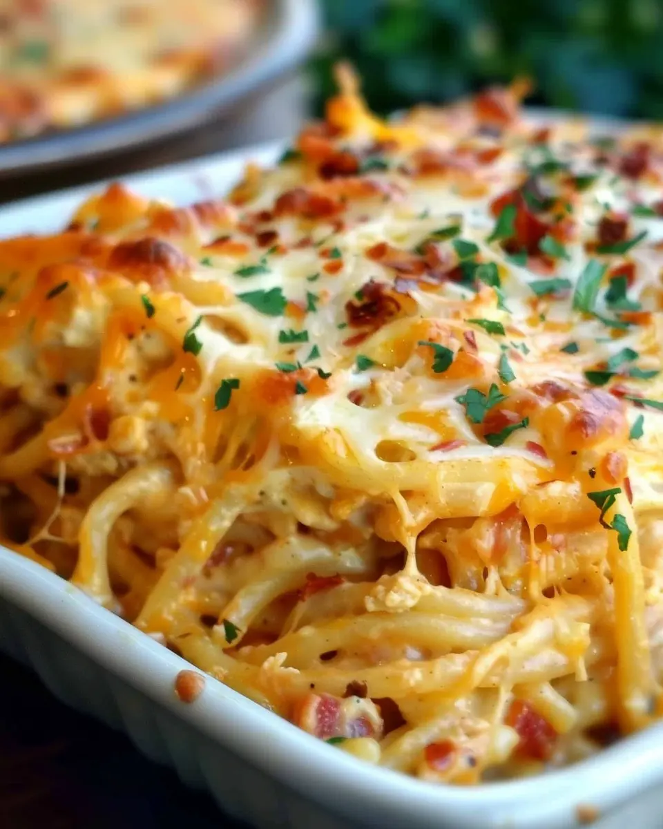Spicy Southern Cheesy Chicken Spaghetti Casserole Delightfully Indulgent with Turkey Bacon and Chicken Ham