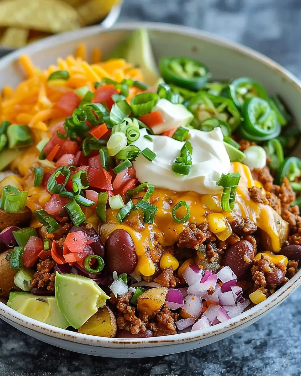 Loaded Potato Taco Bowl with Turkey Bacon and Chicken Ham Delight