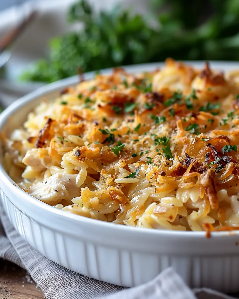 French Onion Chicken Orzo Casserole with Turkey Bacon Bliss